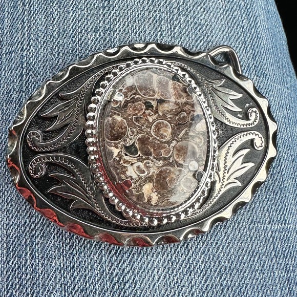 Other - Vintage Turritella Agate Fossil Belt Buckle Silver Tone Western Scroll Oval COCO